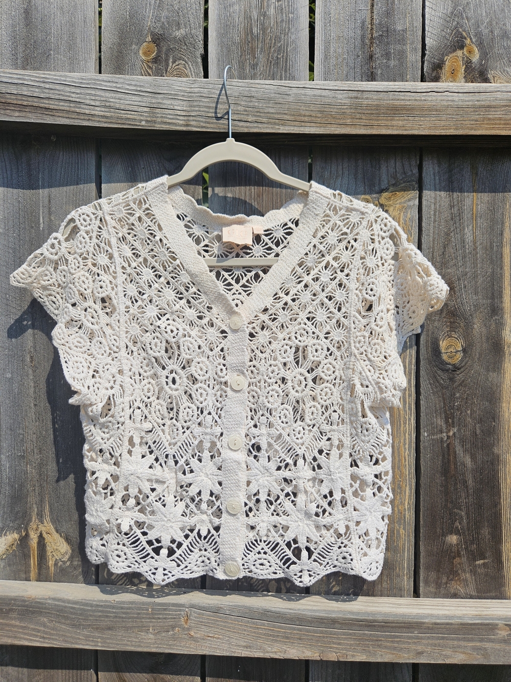 Good Luck Gem Boho Cream Crochet Knit Front Button 100% Cotton Cropped Size M